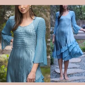 NEW Komarov‎ [ Large ] Split Long Sleeve Chiffon Dress in Green/Blue U1447